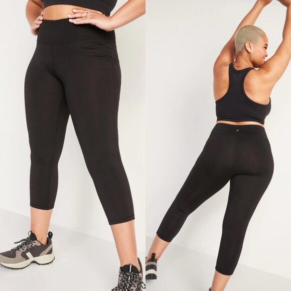 Old Navy Black Power Press Crop Leggings Small Compression Stretch Sweat Wicking - Picture 1 of 15